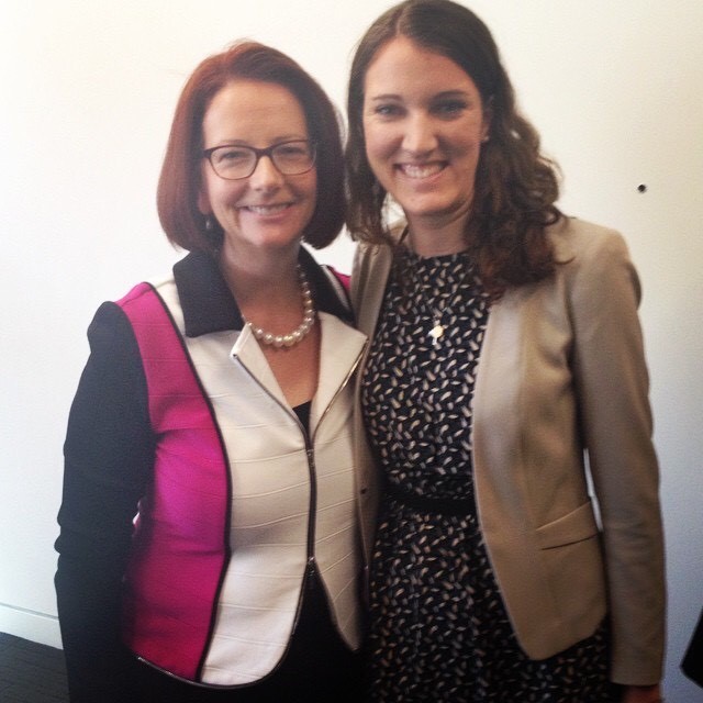 Ellen Chambers with keynote speaker Julia Gillard at an event hosted by Ellen’s team, standing together at the venue following the address