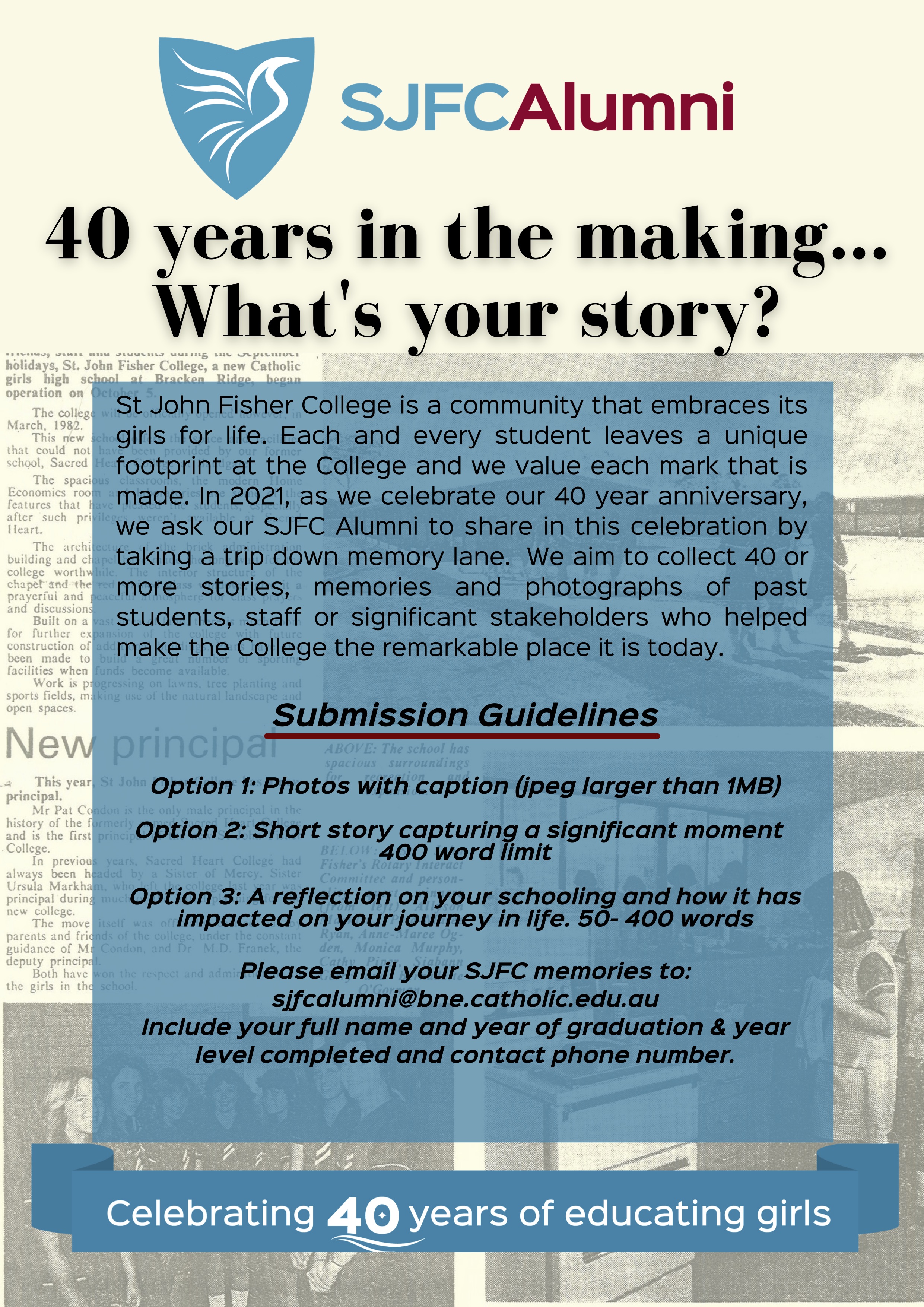 SJFC Alumni poster celebrating 40 years of educating girls, inviting past students to share stories, memories and photos for the college anniversary campaign