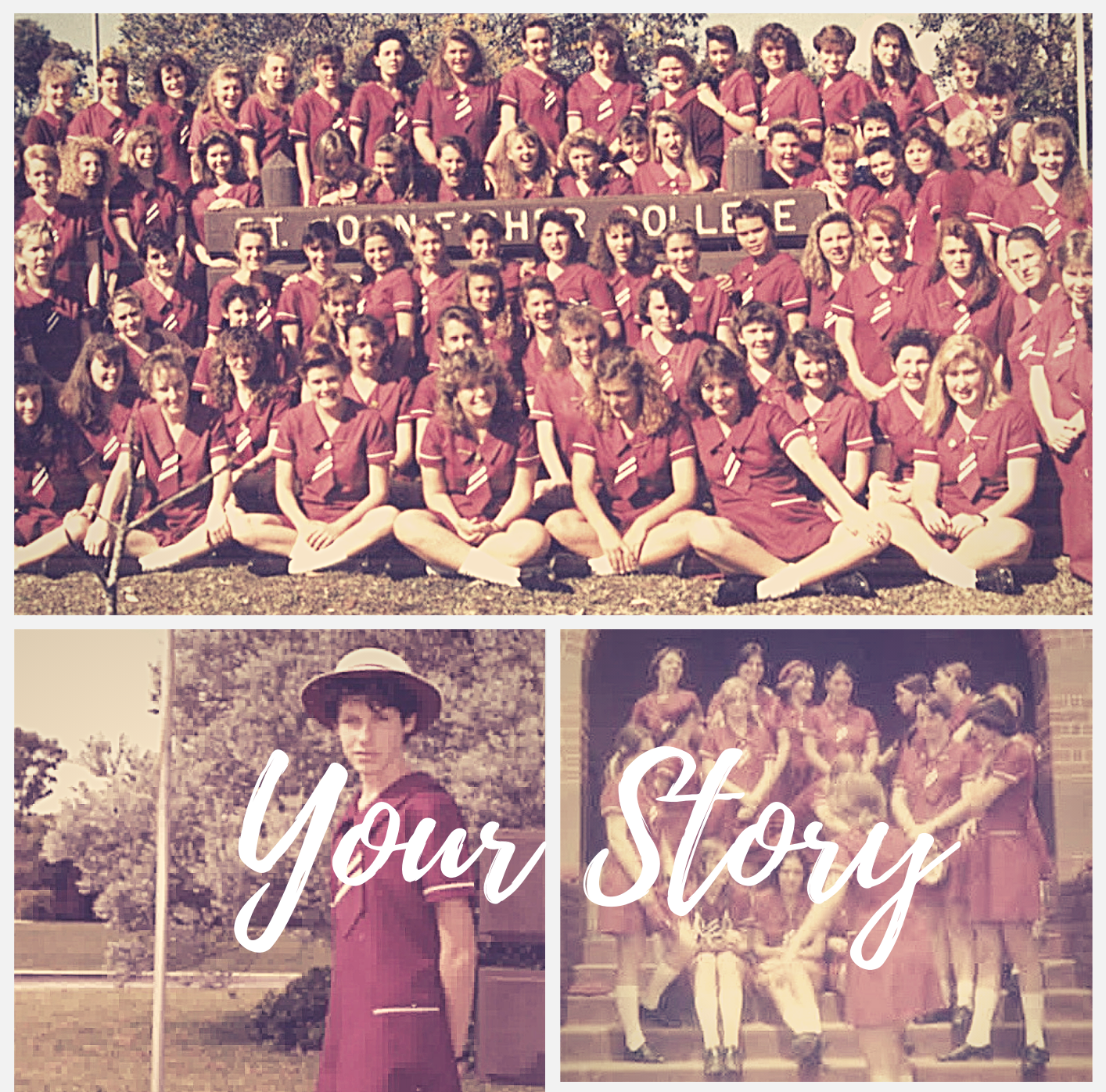 Historic collage of student group photos with the words Your Story overlaid